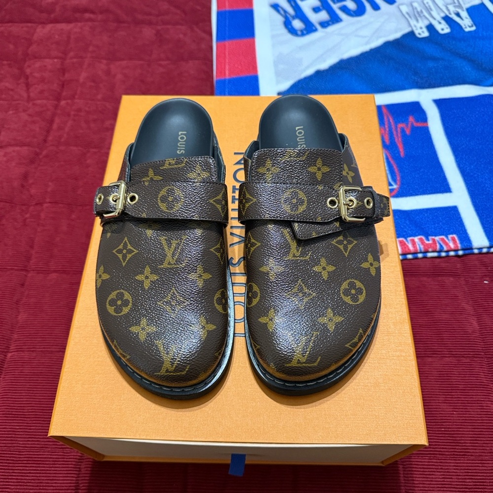 Louis Vuitton Brown Monogram Mule Clogs with Gold Buckles